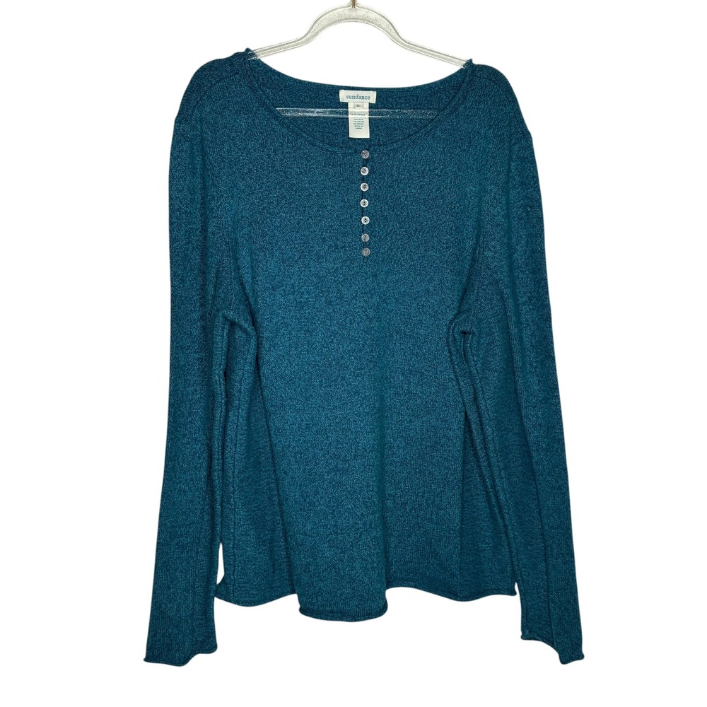 Sundance Womens XL Sweater Teal Cotton Silk Blend Henley Knit Long Sleeve Marled